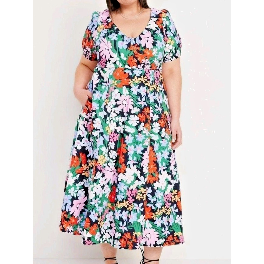 OLD NAVY Smocked V-Neck Puff Short Sleeve Midi Dress Large Floral Garden